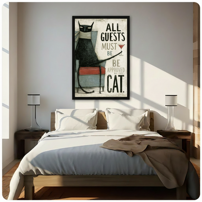 Black cat framed wall art displayed above bed in bright bedroom - funny cat quote print - perfect gift for cat lovers