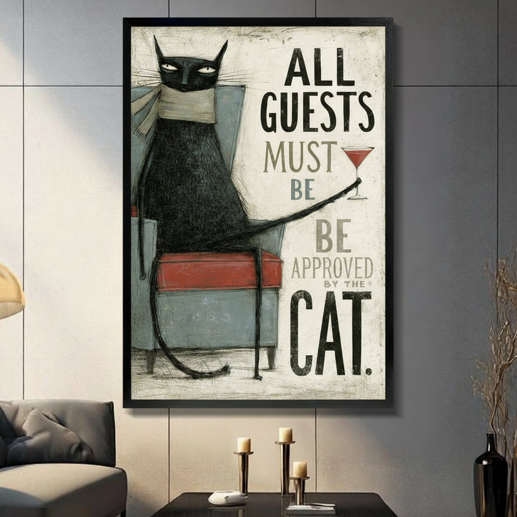 Funny black cat wall art print in black frame - All Guests Must Be Approved By The Cat - vintage style canvas for living room decor