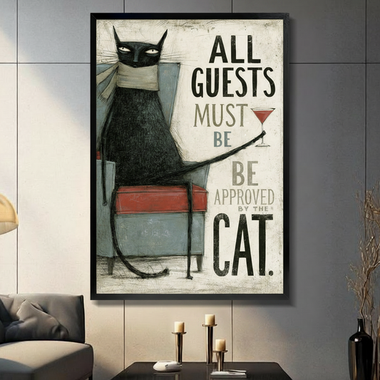 Funny black cat wall art print in black frame - All Guests Must Be Approved By The Cat - vintage style canvas for living room decor