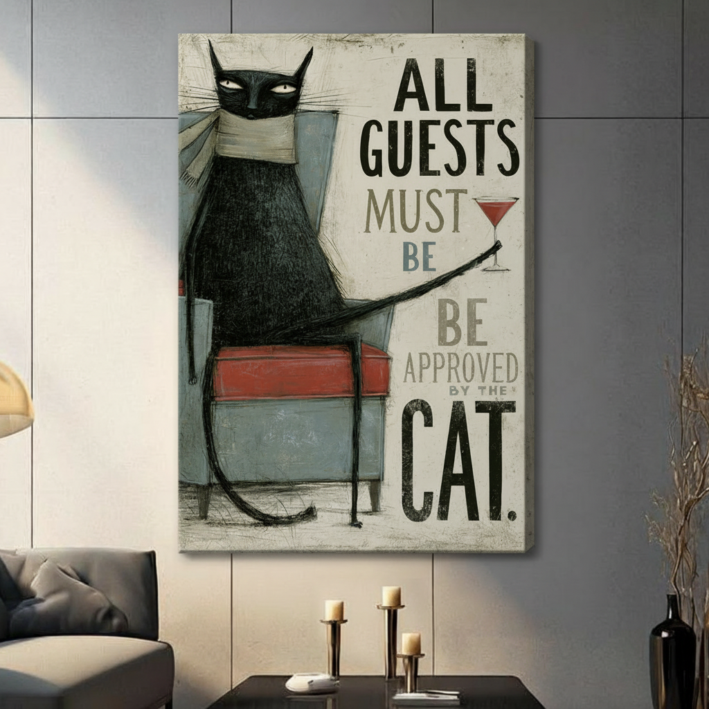 Unframed black cat canvas wall art with humorous quote - All Guests Must Be Approved By The Cat - modern home decor print