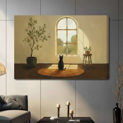 Minimalist black cat gazing through arched window warm sunlight canvas wrap print displayed in contemporary living room with grey sofa