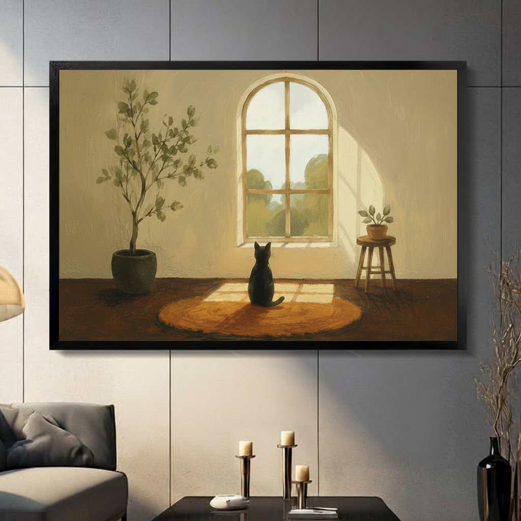 Black cat sitting by arched window in golden sunlight oil painting style black framed wall art print in modern living room