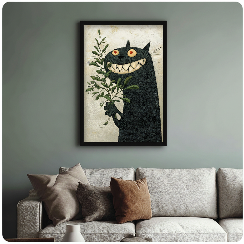 Quirky black cat poster with red eyes and olive branch above neutral sofa, sage green wall home decor