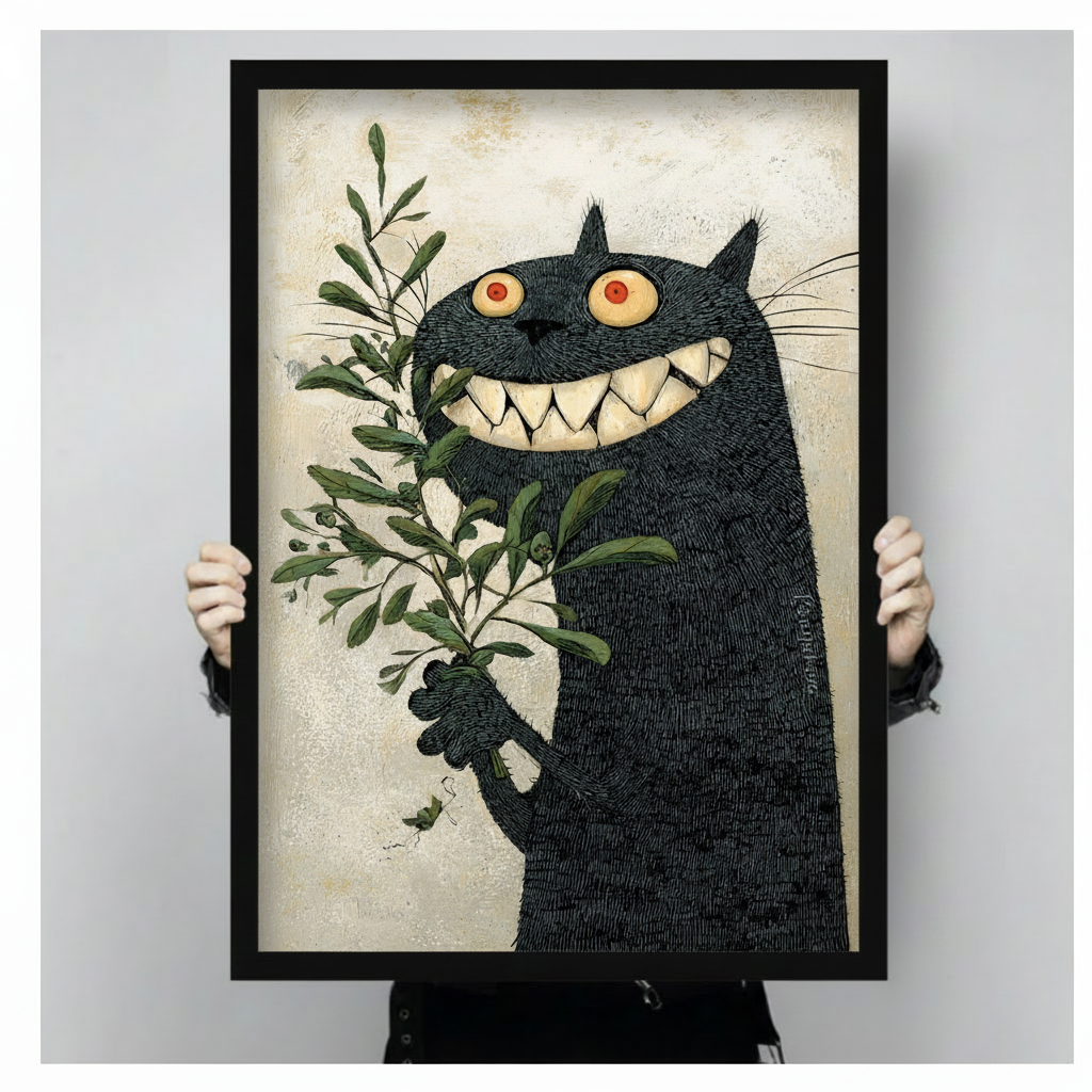 Person holding large framed black cat illustration with grinning teeth and green botanical branch, art print close-up