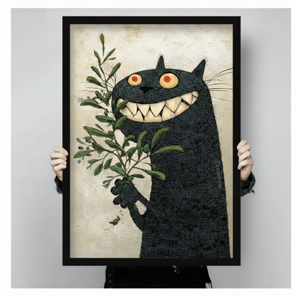Person holding large framed black cat illustration with grinning teeth and green botanical branch, art print close-up