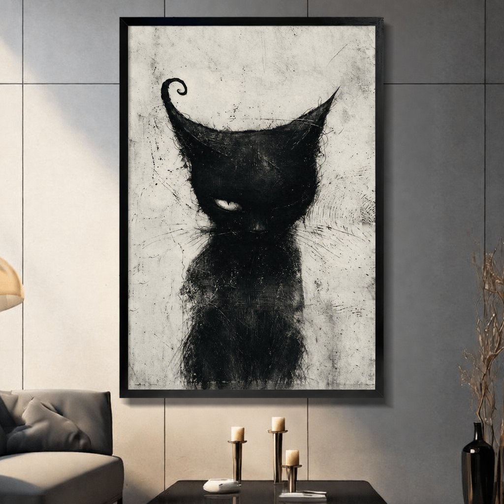 Large framed black cat portrait adds a bold focal point above a living room table.