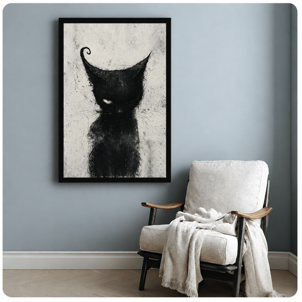 Black cat wall art hangs beside a white armchair in a quiet reading corner.