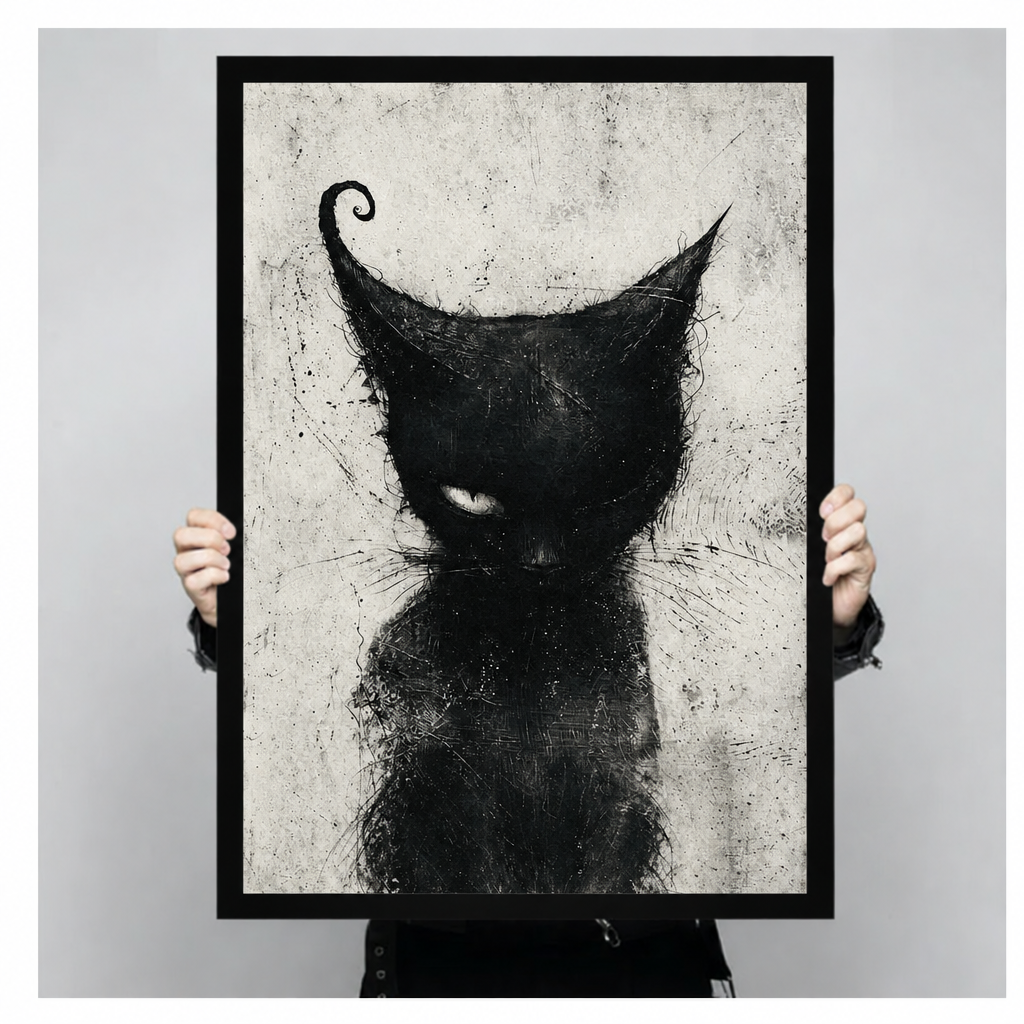Hands hold framed black cat wall art with a curled ear and textured ivory background.