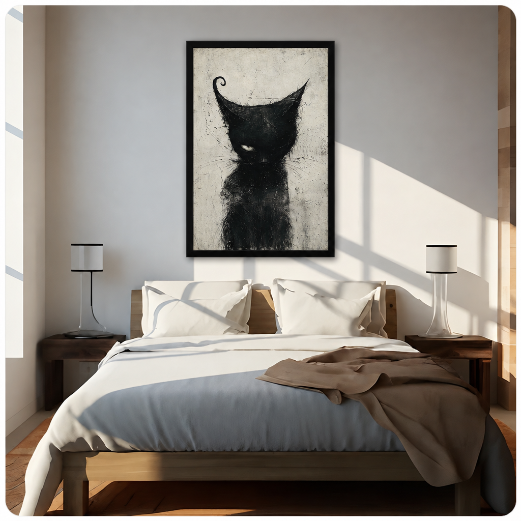 Framed black cat canvas art hangs above a sunlit bed in a neutral bedroom.