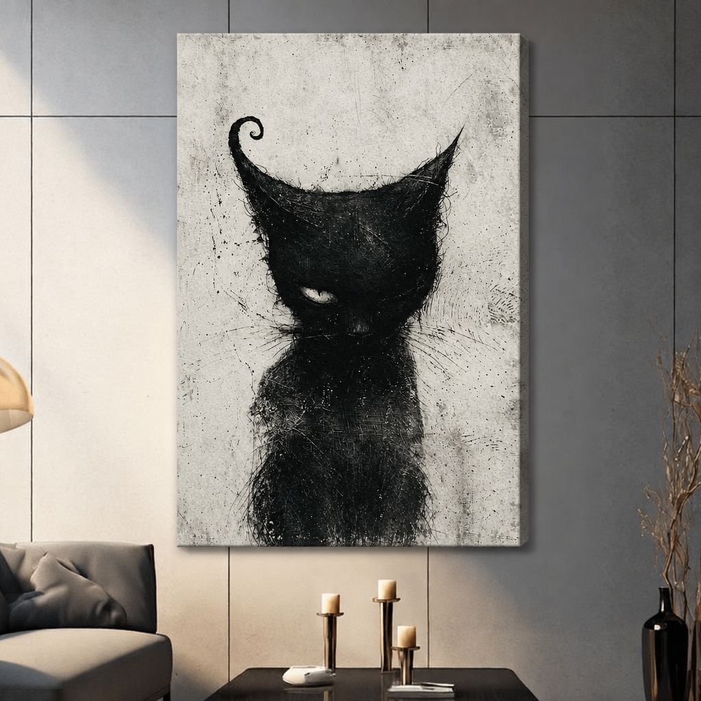 Unframed black cat canvas wall art hangs above candles, showing its textured black-and-white design.