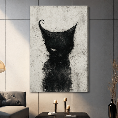 Unframed black cat canvas wall art hangs above candles, showing its textured black-and-white design.