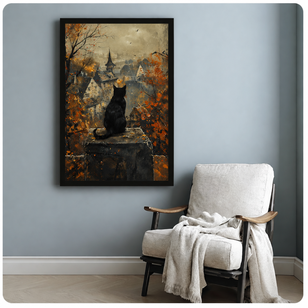 Black cat autumn town canvas wall art above a white armchair, featuring a cat overlooking warm autumn rooftops
