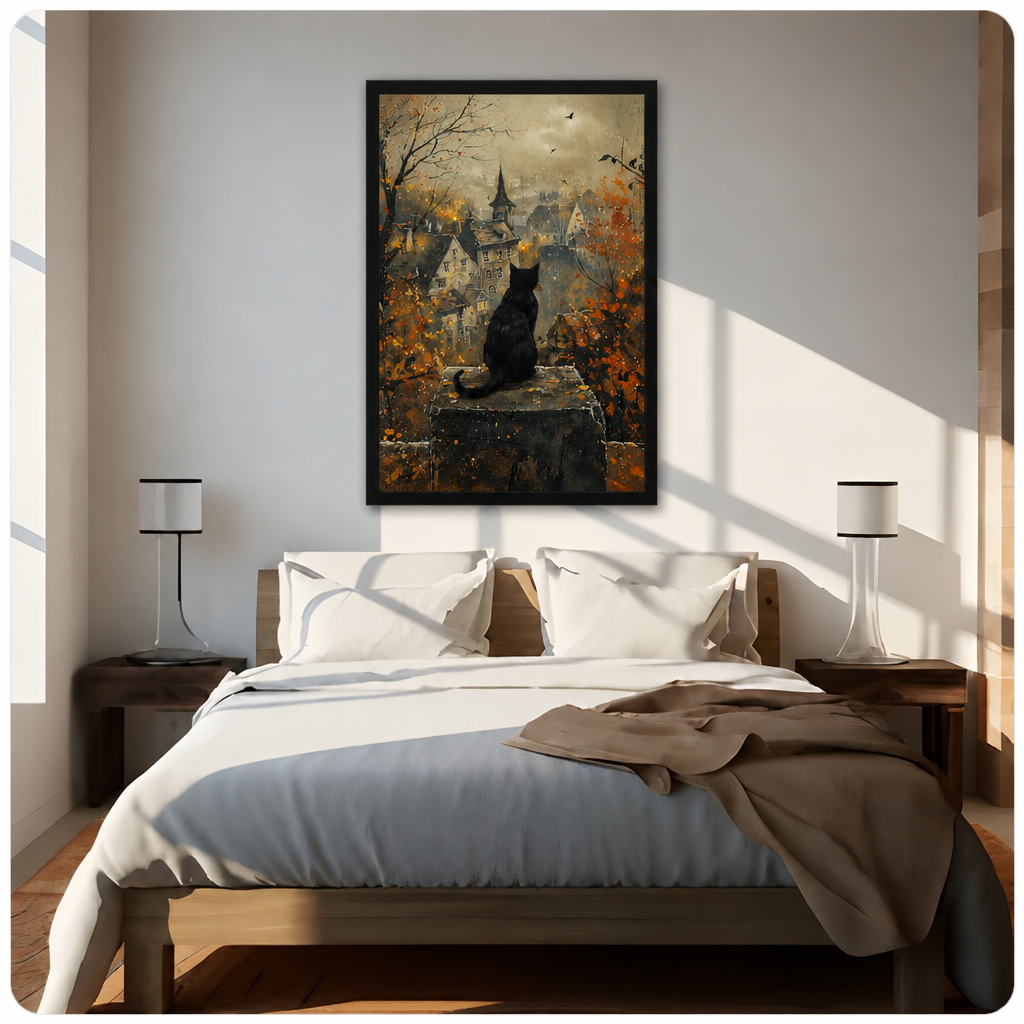  Black cat autumn town canvas wall art above a bed, showing a solitary cat gazing toward a quiet village in autumn hues