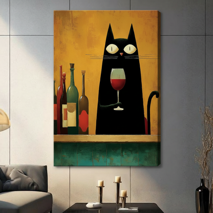 Black cat bar artwork featuring wine and bottles above a bright bedroom