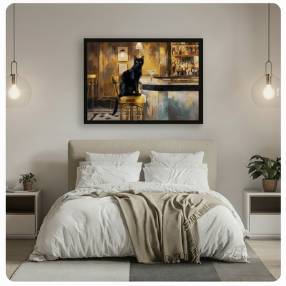 Framed black cat bar scene canvas art above white bedding in minimalist bedroom, warm golden painting accent wall decor