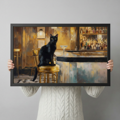 Person in white sweater holding black-framed black cat bar scene canvas print, showing artwork size and frame detail