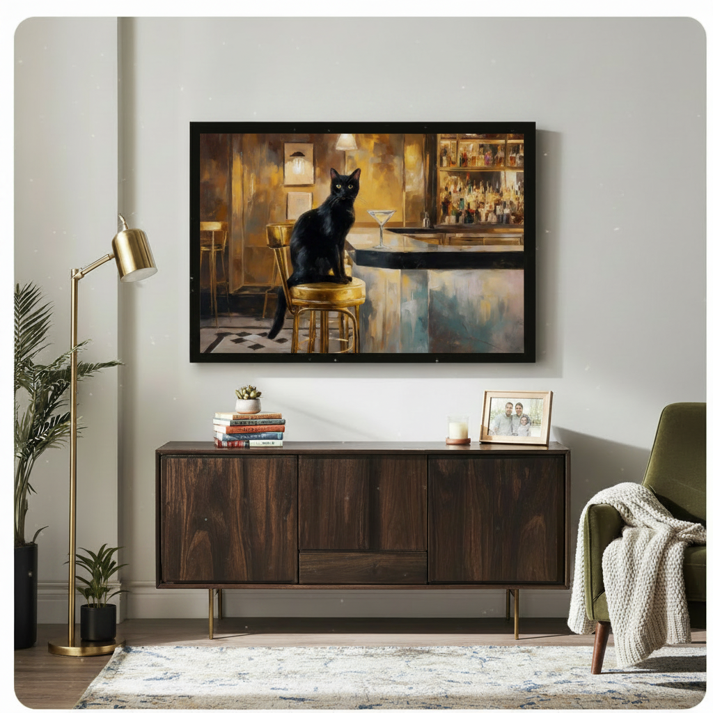 Black cat bar oil painting canvas in black frame above walnut sideboard in eclectic living room with gold floor lamp