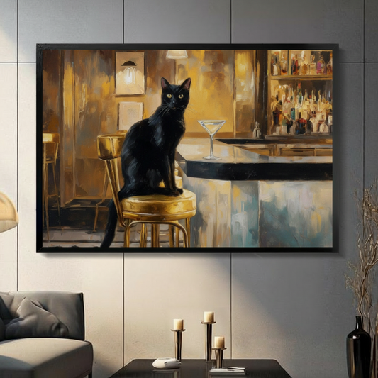 Black cat bar scene oil painting in black float frame on gray panel wall, moody golden vintage bar interior canvas art