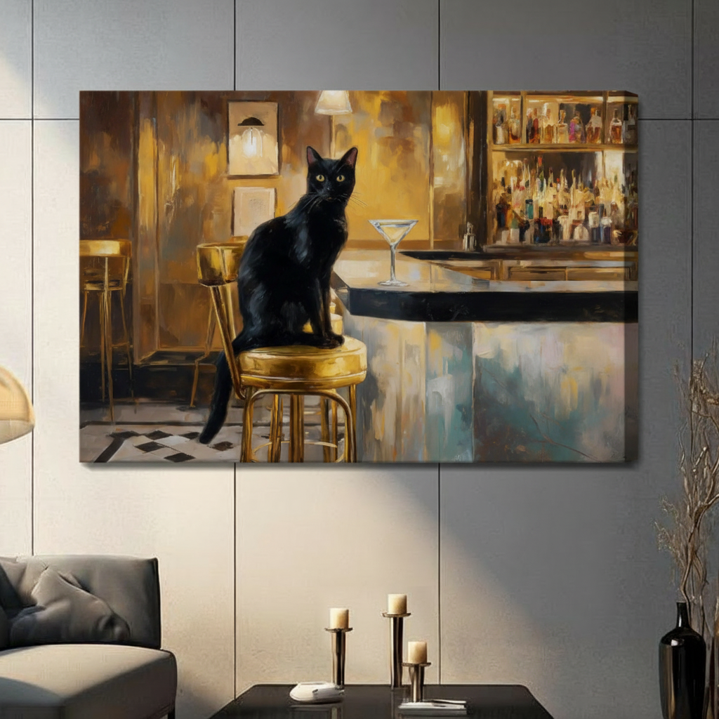 Black cat on gold bar stool stretched canvas wall art in warm golden tones, gallery wrap eclectic living room decor