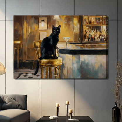 Black cat on gold bar stool stretched canvas wall art in warm golden tones, gallery wrap eclectic living room decor