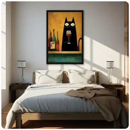 Black cat bar artwork hanging beside a cozy accent chair and soft throw blanket