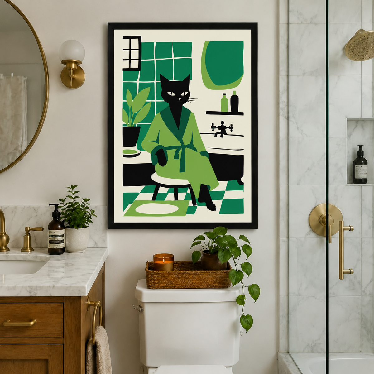 Black cat green bathrobe art print in black frame above toilet in a luxury marble bathroom with gold fixtures