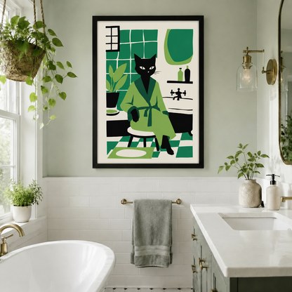 Black cat in green bathrobe framed wall art print styled in a bright bathroom with hanging plants and a freestanding bathtub