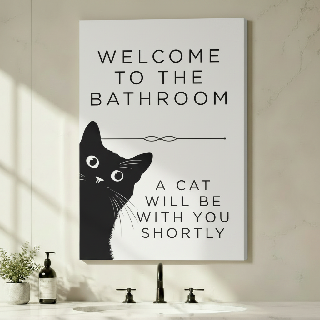 Black cat peering humorous bathroom quote gallery wrapped canvas displayed above a modern bathroom sink with black faucet and white ceramic soap dispenser
