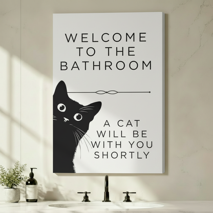Black cat peering humorous bathroom quote gallery wrapped canvas displayed above a modern bathroom sink with black faucet and white ceramic soap dispenser
