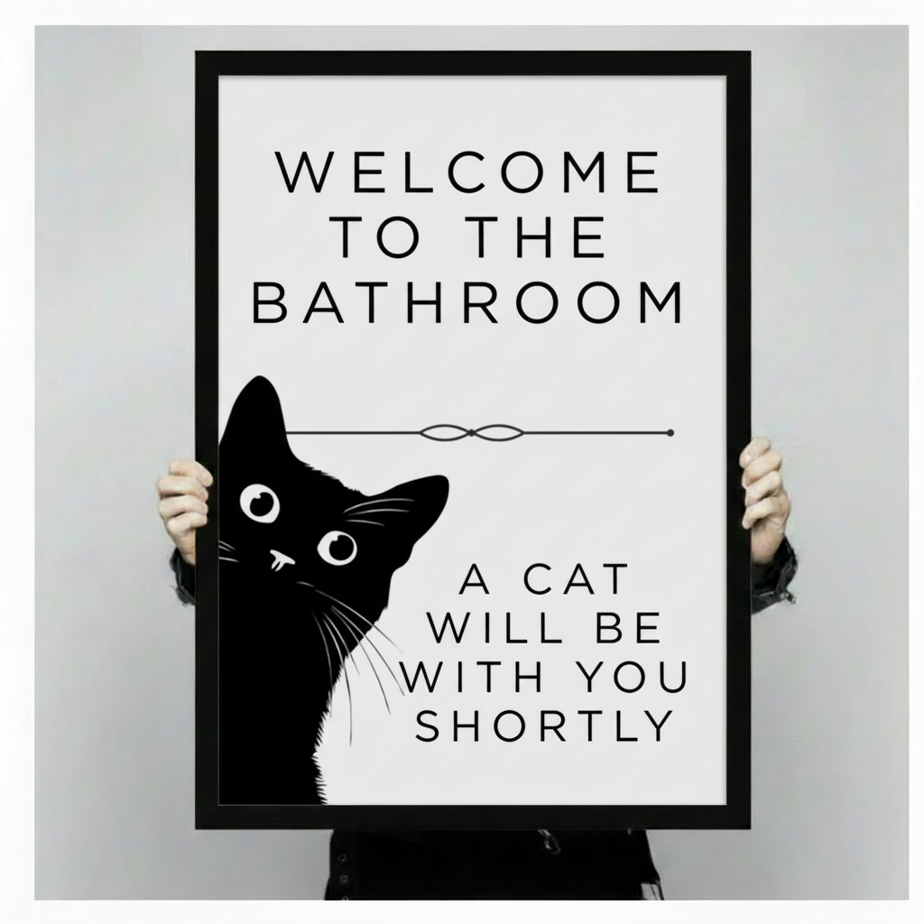 Person holding up large black-framed funny cat bathroom print showing Welcome to the Bathroom A Cat Will Be With You Shortly, demonstrating print size