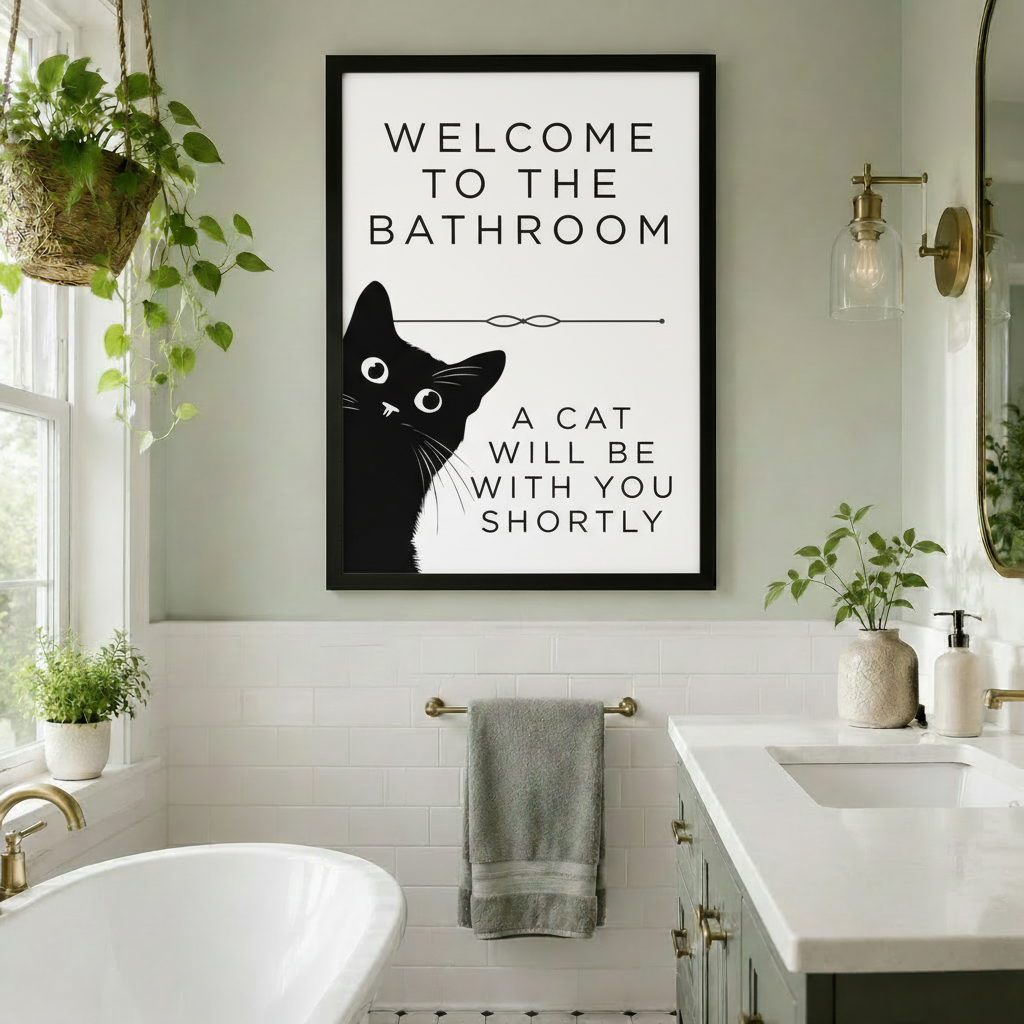 Black cat peeking humorous bathroom quote framed print mounted on sage green wall between a freestanding bathtub and double vanity with brass fixtures and hanging plants