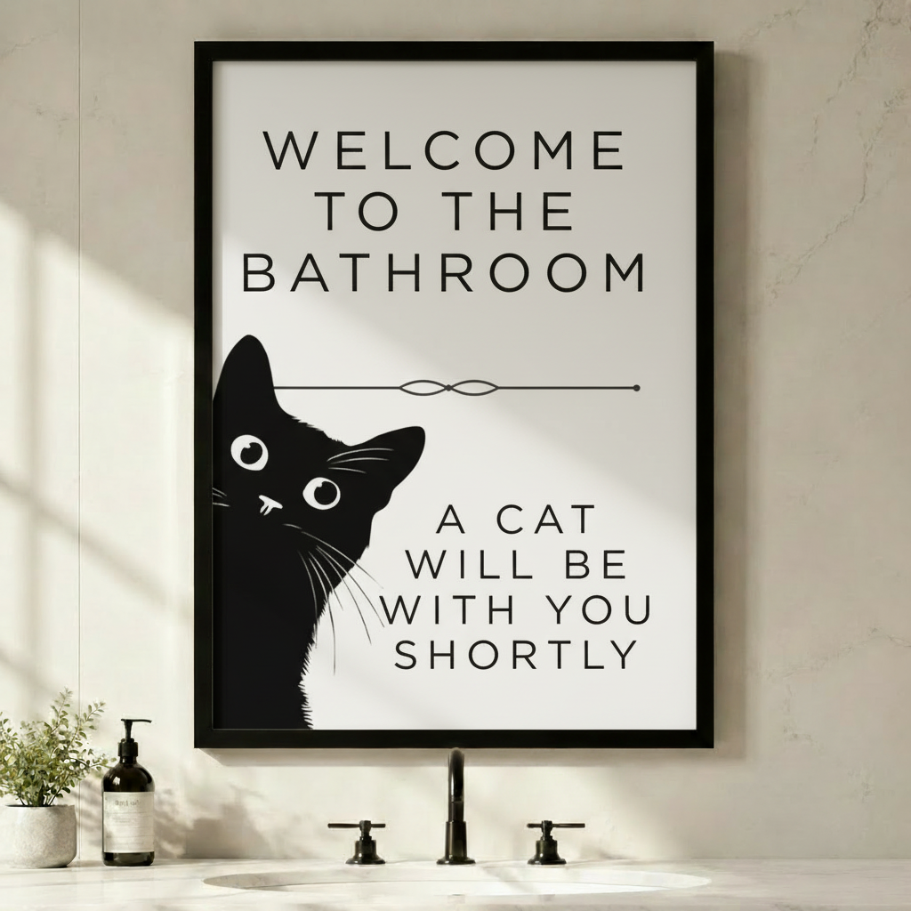 Funny black cat peeking framed wall art print above bathroom sink with text Welcome to the Bathroom A Cat Will Be With You Shortly, black frame against marble wall