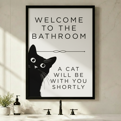 Funny black cat peeking framed wall art print above bathroom sink with text Welcome to the Bathroom A Cat Will Be With You Shortly, black frame against marble wall