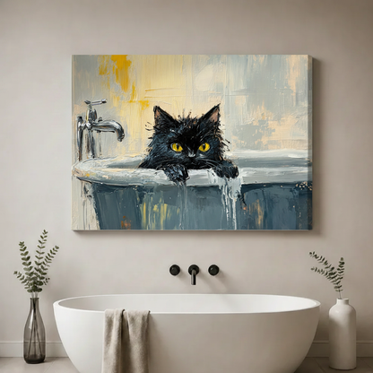 Unframed black cat bathtub canvas print wall art in minimalist bathroom with neutral beige walls and oval soaking tub