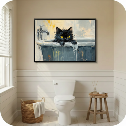 Black cat in bathtub framed canvas art displayed above toilet in bright bathroom with white shiplap walls and natural window light