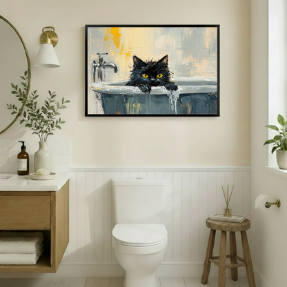 Framed black cat bathtub oil painting wall art above toilet in cozy bathroom with shiplap wainscoting and gold light fixture