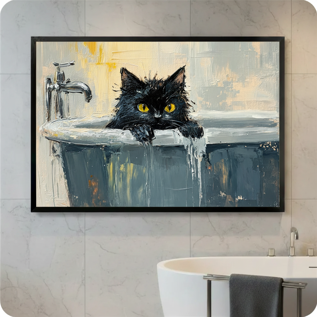 Framed black cat in bathtub oil painting canvas wall art displayed in modern marble bathroom above freestanding tub