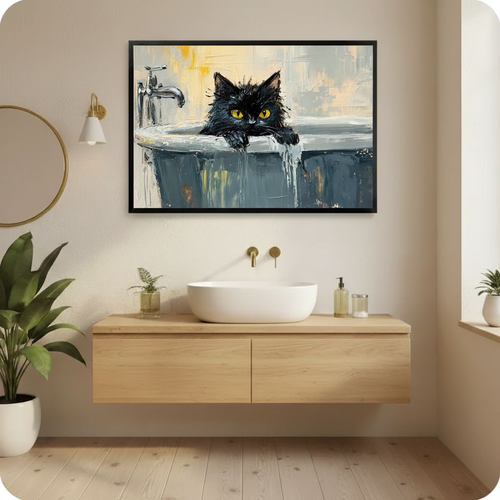 Framed black cat in bathtub painting hung above bathroom vanity with wood cabinet and vessel sink in warm neutral bathroom
