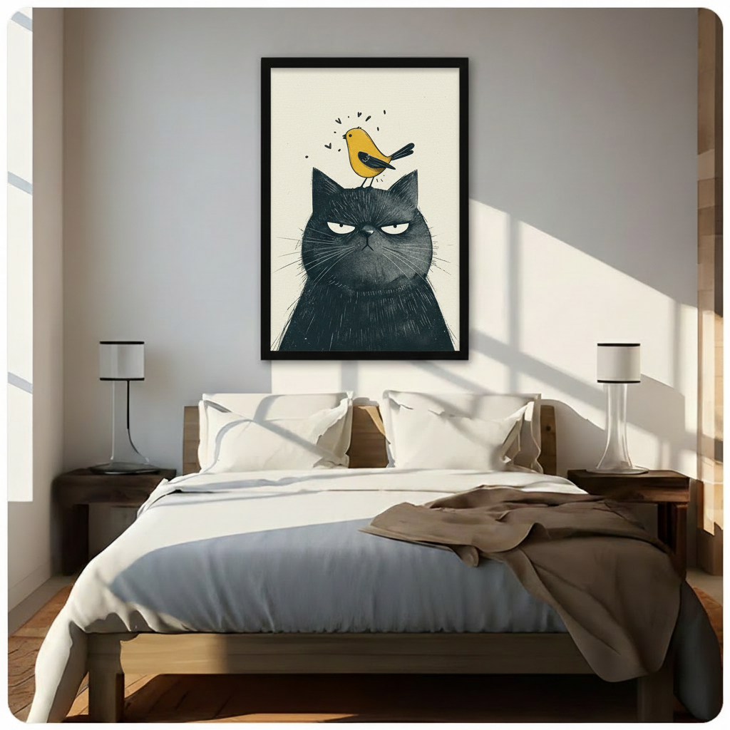 Framed grumpy black cat and yellow bird canvas art hung above a bed in a bright minimalist bedroom, charming pet illustration for American home decor