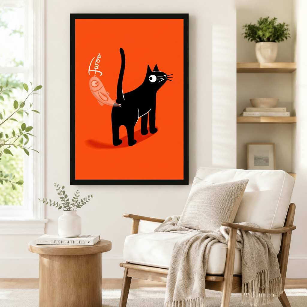 Black framed whimsical black cat with bird toy canvas art showing a side-profile cartoon black cat with a curled tail holding a string attached to a round pink-orange bird toy beside the hand-written word Twoo on a vivid orange background, displayed on a white wall beside a white wooden armchair with a cream throw and a round wood side table with books
