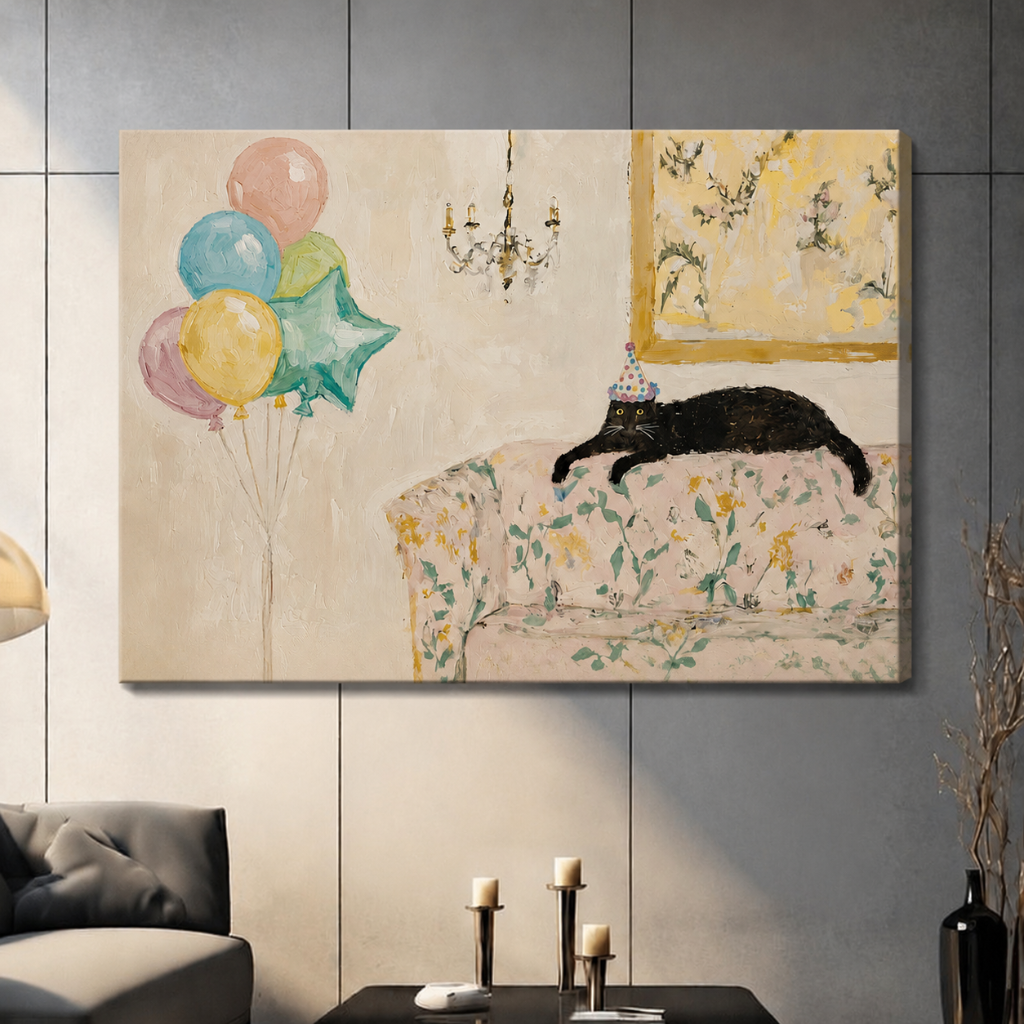 Unframed canvas print of a black cat in a party hat resting on a vintage floral couch surrounded by pastel balloons, oil painting style wall decor