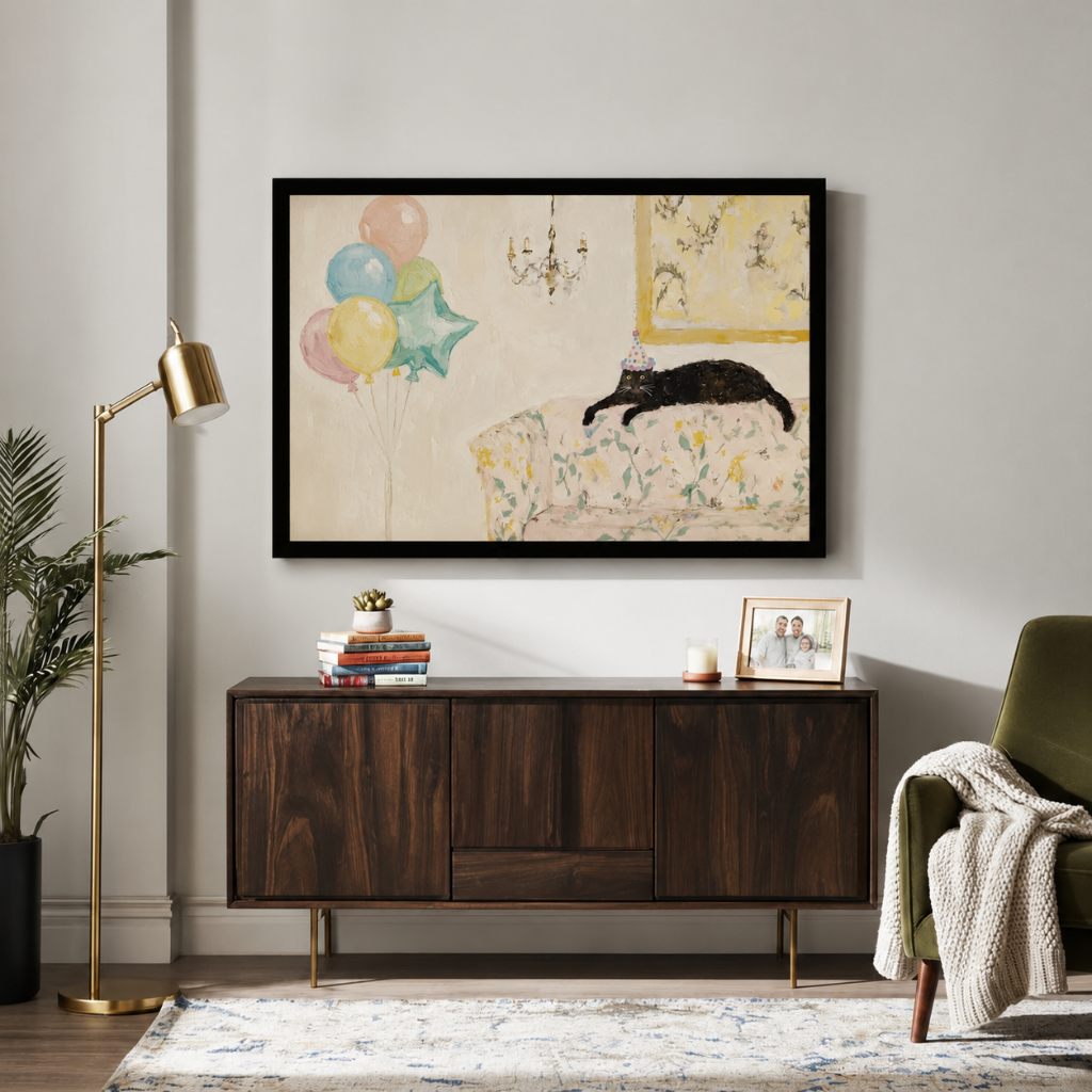 Framed black cat birthday wall art displayed above a dark walnut sideboard in a bright living room, oil painting aesthetic with pastel balloon accents