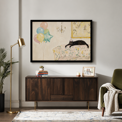 Framed black cat birthday wall art displayed above a dark walnut sideboard in a bright living room, oil painting aesthetic with pastel balloon accents
