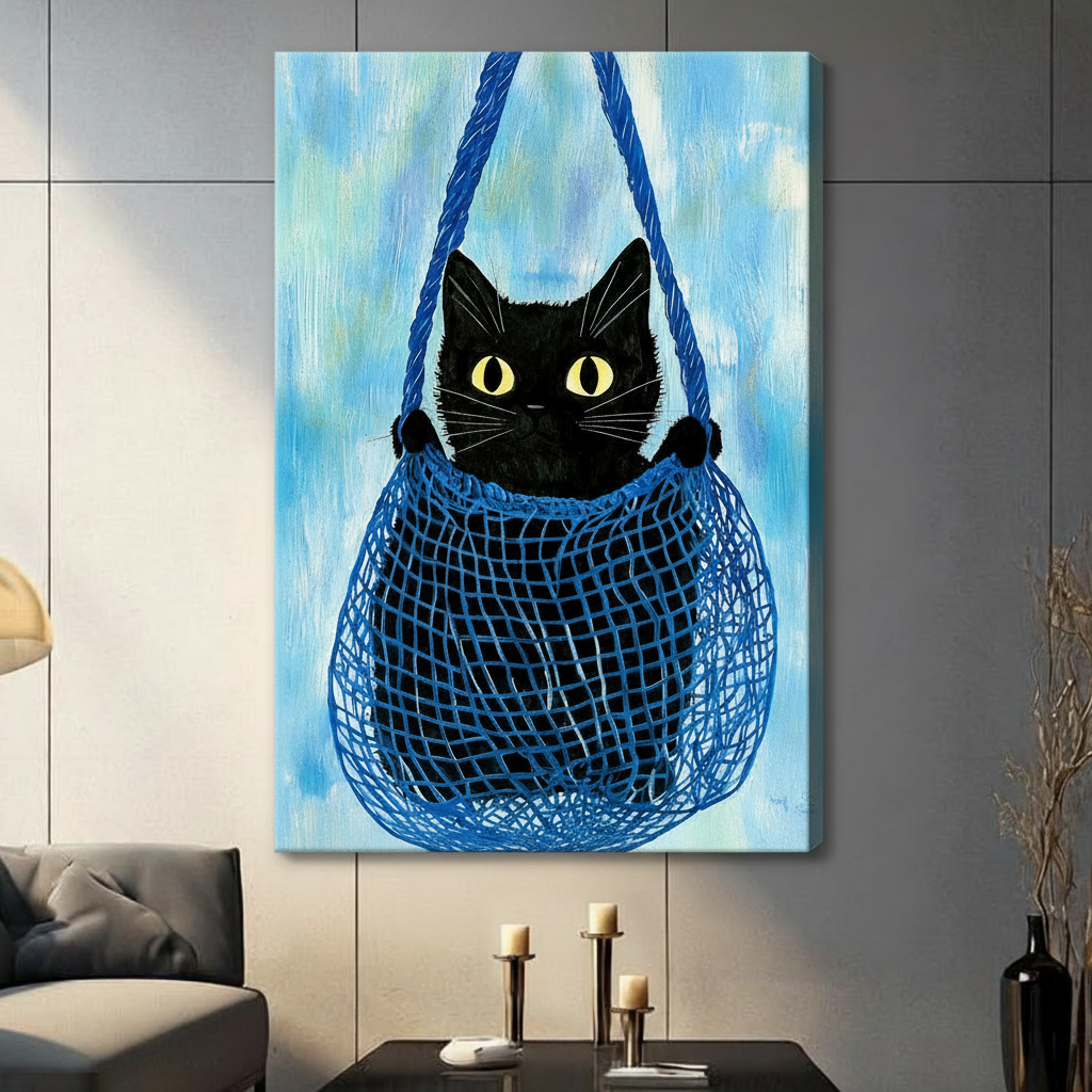Funny black cat peeking out of a blue woven net bag, unframed canvas wall art hung on grey wall in a contemporary living room with dark sofa
