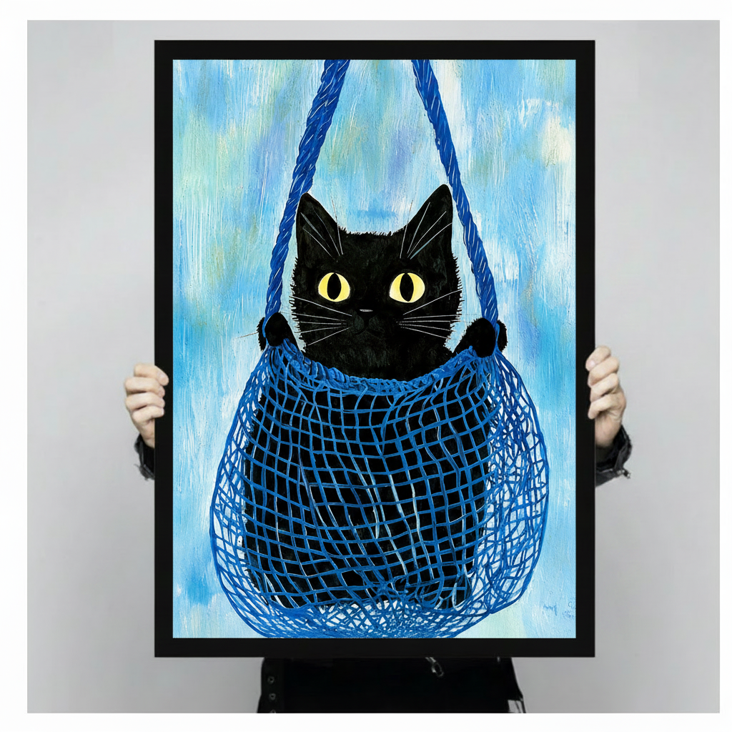 Person holding a large framed black cat in blue mesh bag art print, showing vivid brushstroke texture and bold blue rope detail against an aqua background