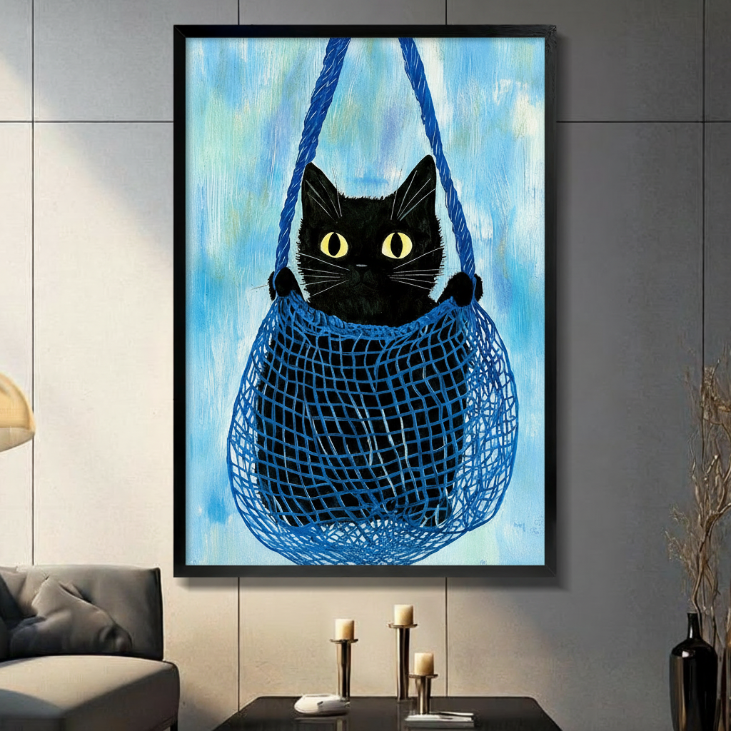 Whimsical black cat with yellow eyes sitting inside a blue rope net bag, framed wall art print displayed in a modern dark living room above a console table with candles