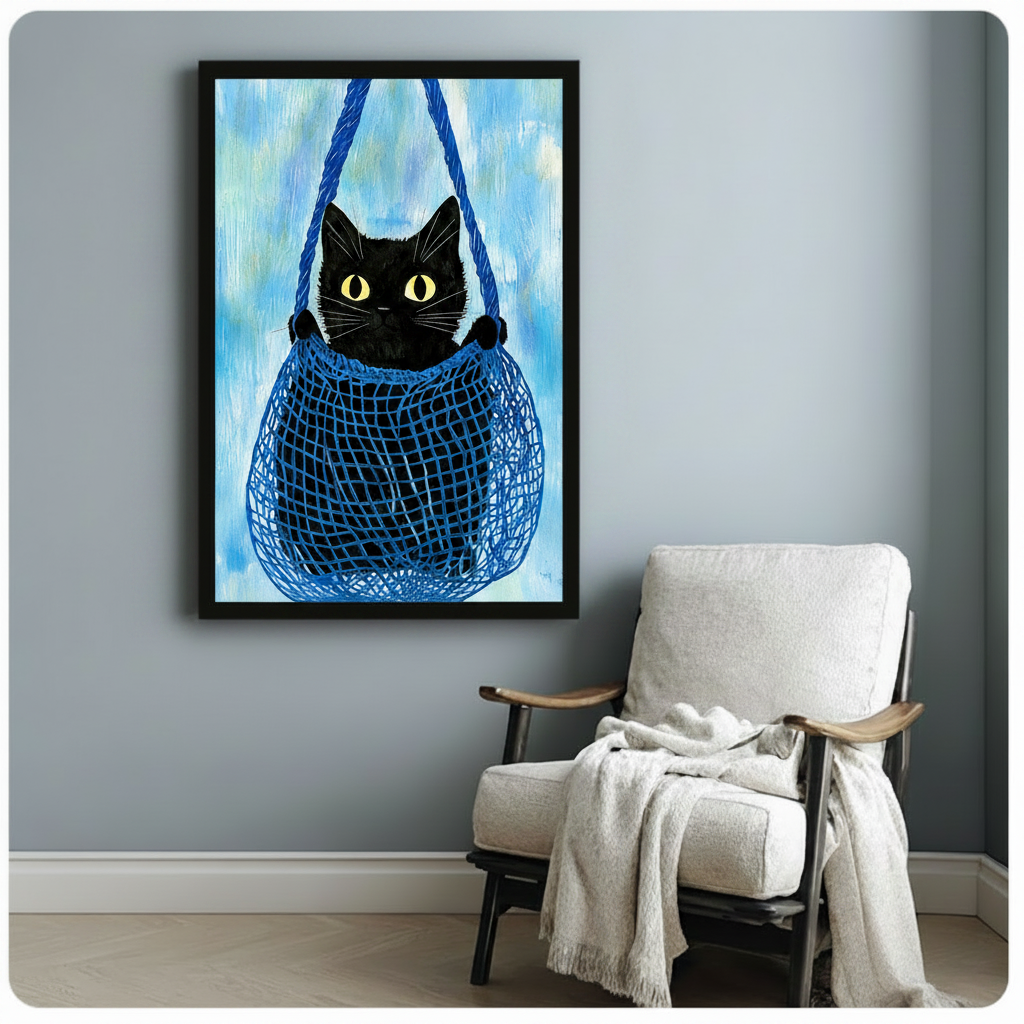 Cute black cat with glowing yellow eyes nestled in a blue rope bag, framed art poster on light grey wall beside a white linen armchair
