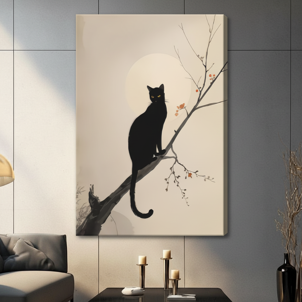 Unframed stretched canvas print of a sleek black cat with green eyes perched on a bare branch beneath a glowing moon in minimalist ink wash painting style on a warm cream background
