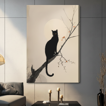 Unframed stretched canvas print of a sleek black cat with green eyes perched on a bare branch beneath a glowing moon in minimalist ink wash painting style on a warm cream background