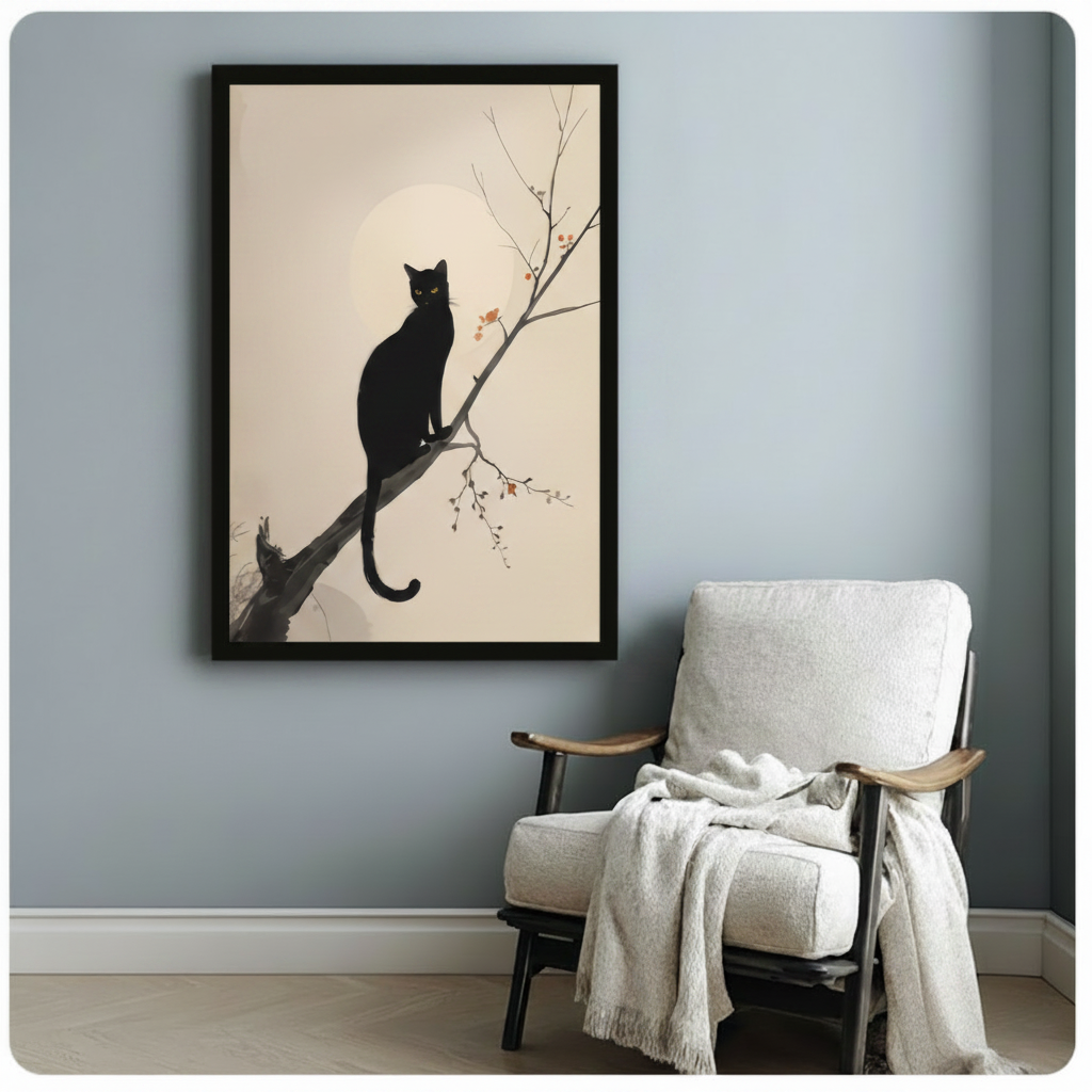 Black framed ink wash style black cat on autumn branch canvas art print with soft moon glow and red berries on cream background on a light blue-grey wall beside a white linen armchair with draped throw